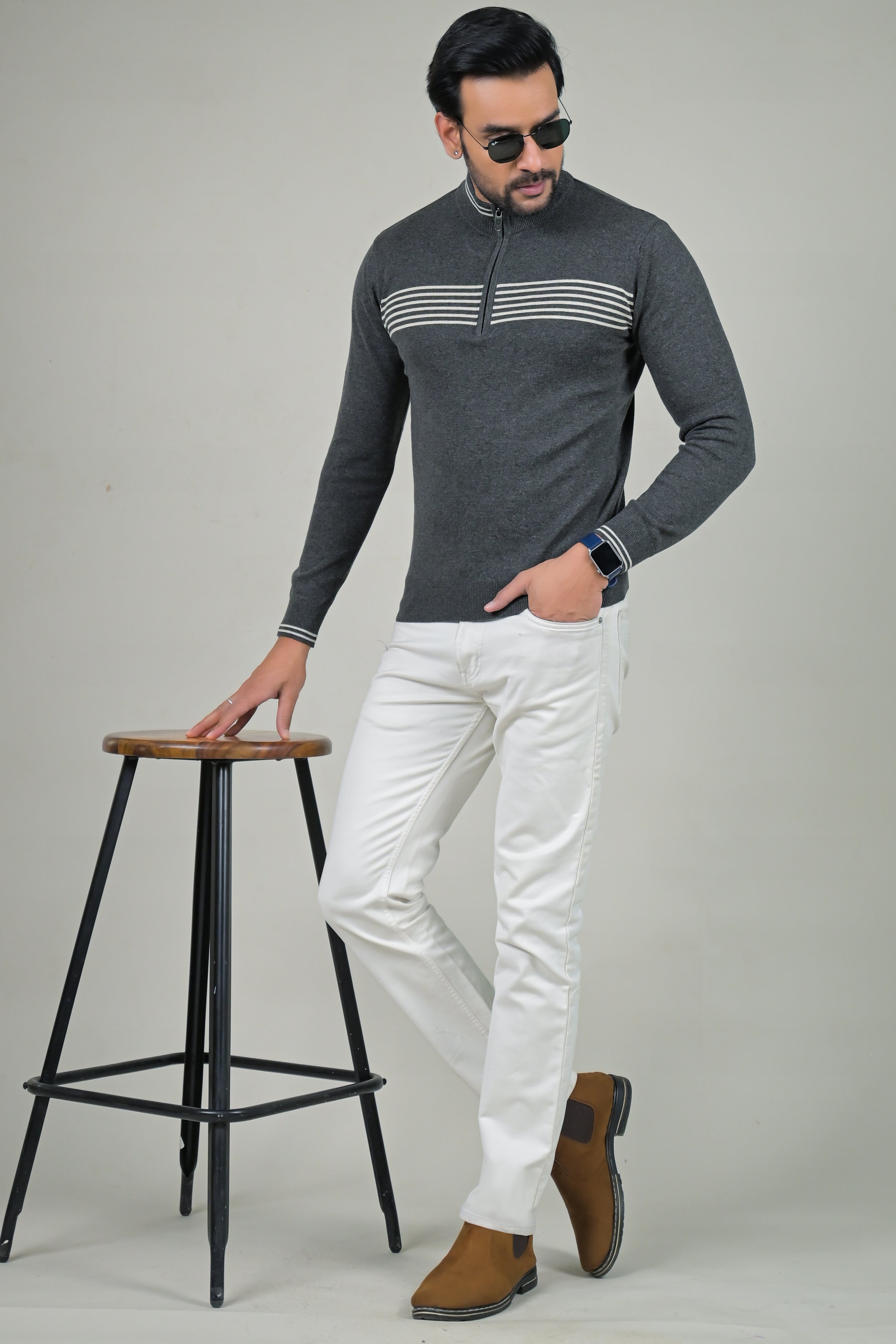 Raymond Solid Half Zip Knit with Chest Stripes Sweater