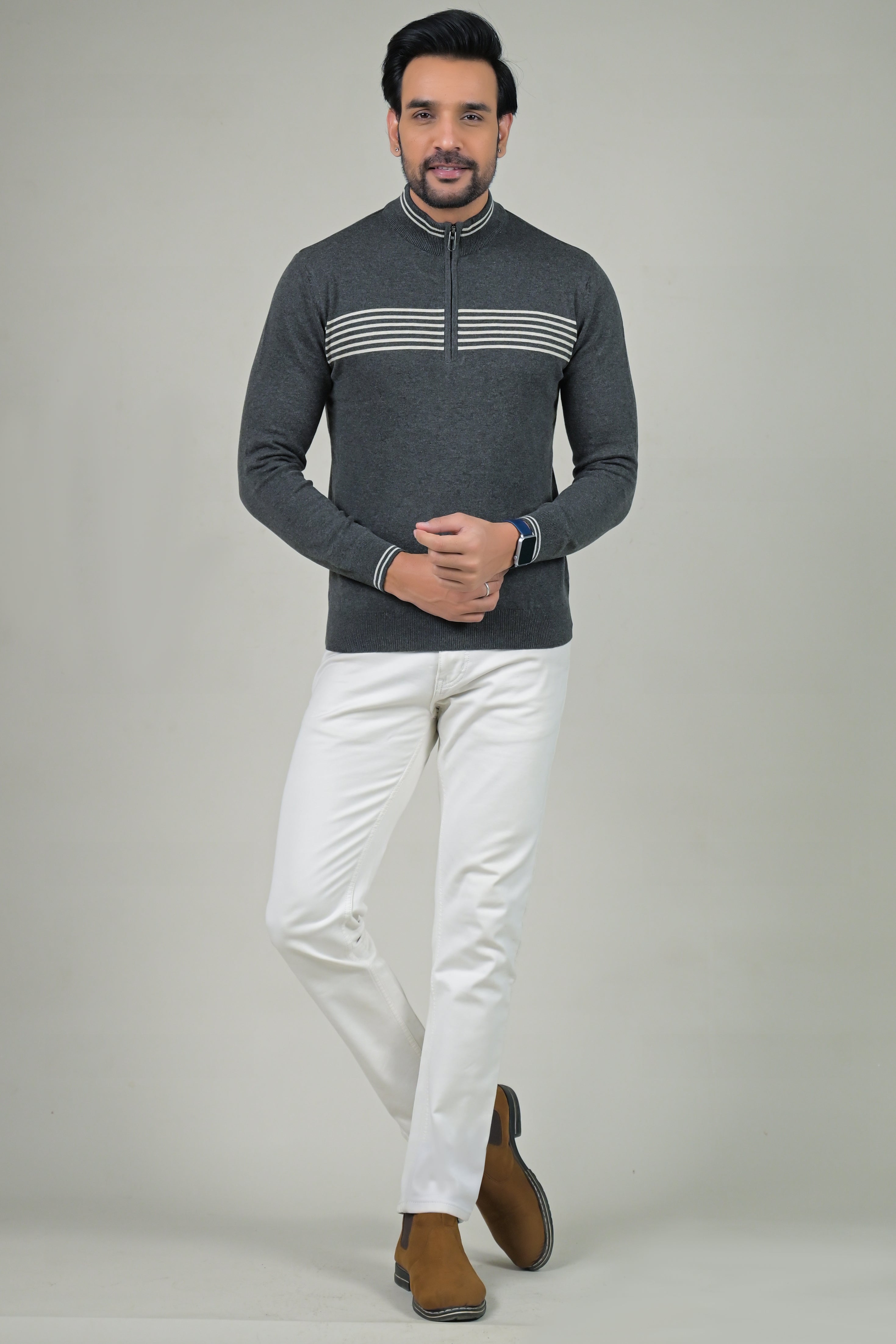 Raymond Solid Half Zip Knit with Chest Stripes Sweater