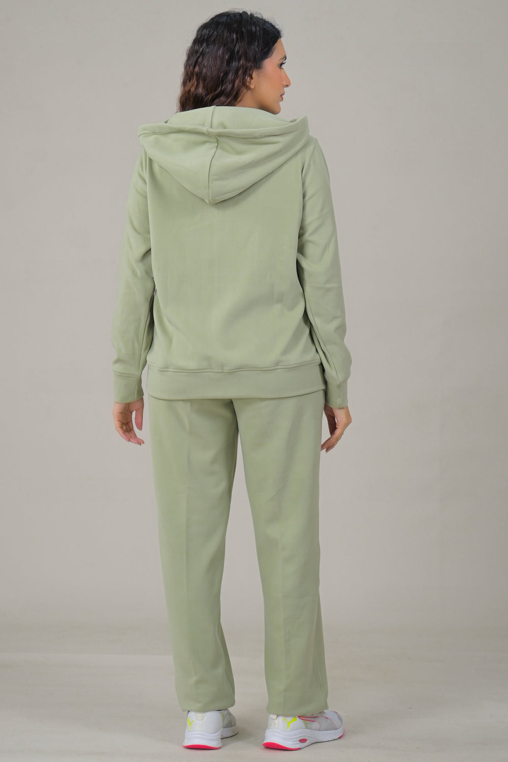 Soul Armor Solid Cream Hooded Full Zip Women Co-Ord Sets