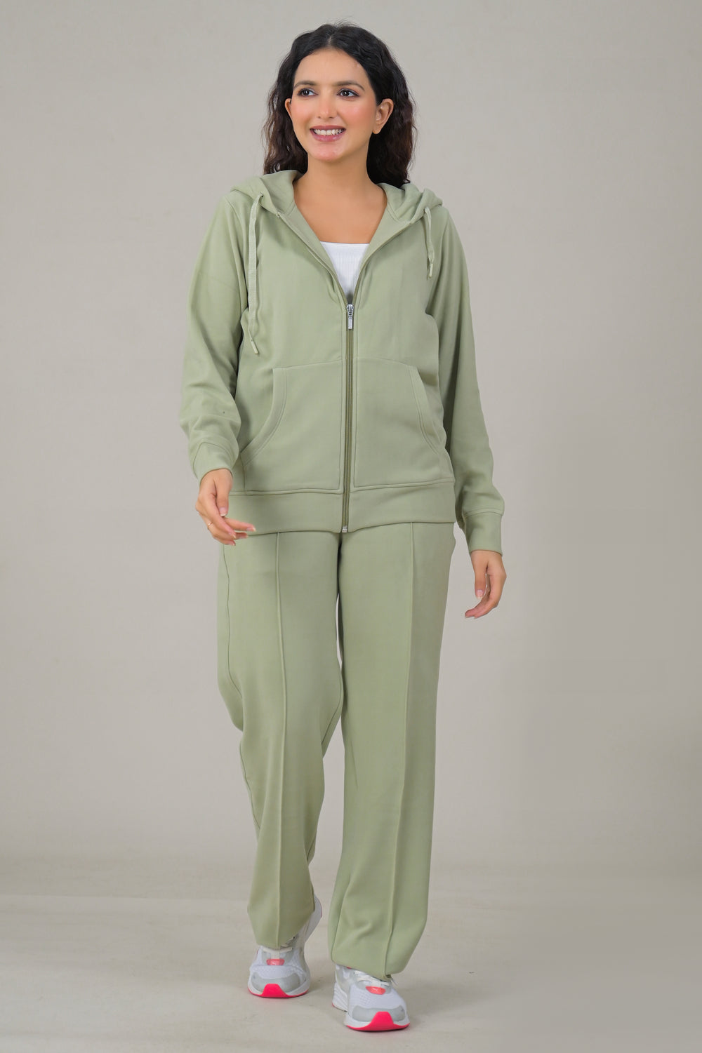 Soul Armor Solid Cream Hooded Full Zip Women Co-Ord Sets