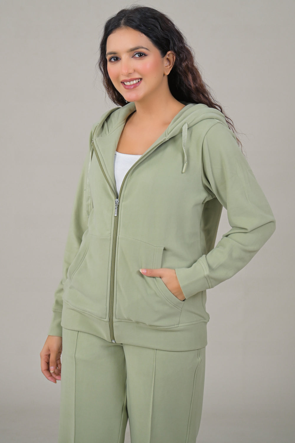 Soul Armor Solid Cream Hooded Full Zip Women Co-Ord Sets