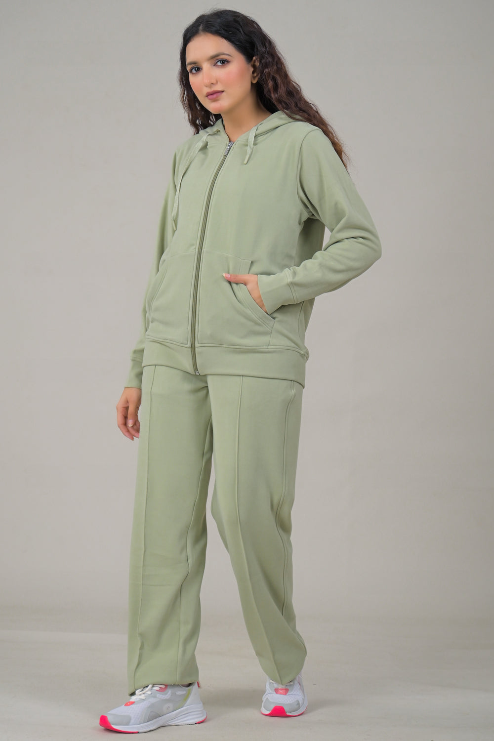 Soul Armor Solid Cream Hooded Full Zip Women Co-Ord Sets