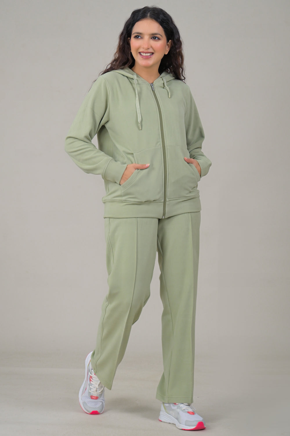 Soul Armor Solid Cream Hooded Full Zip Women Co-Ord Sets