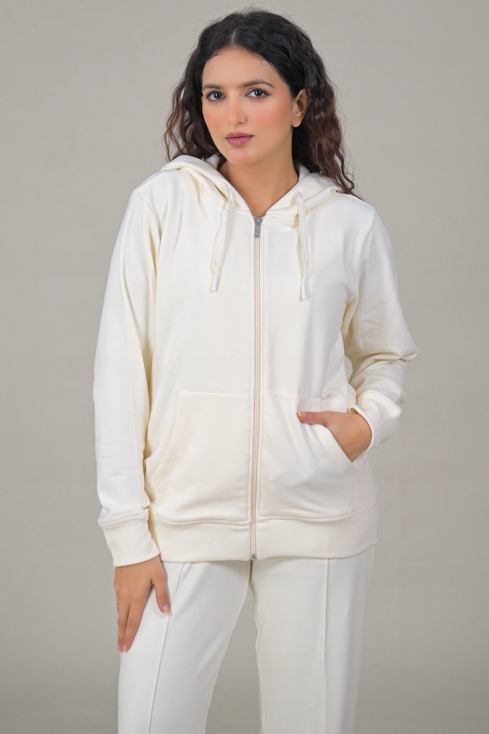 Soul Armor Solid Cream Hooded Full Zip Women Co-Ord Sets