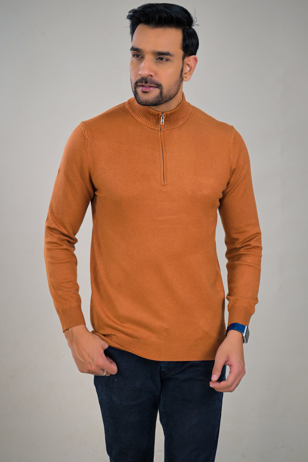 Soul Armor Solid High Neck Half Zip Woolen Sweater