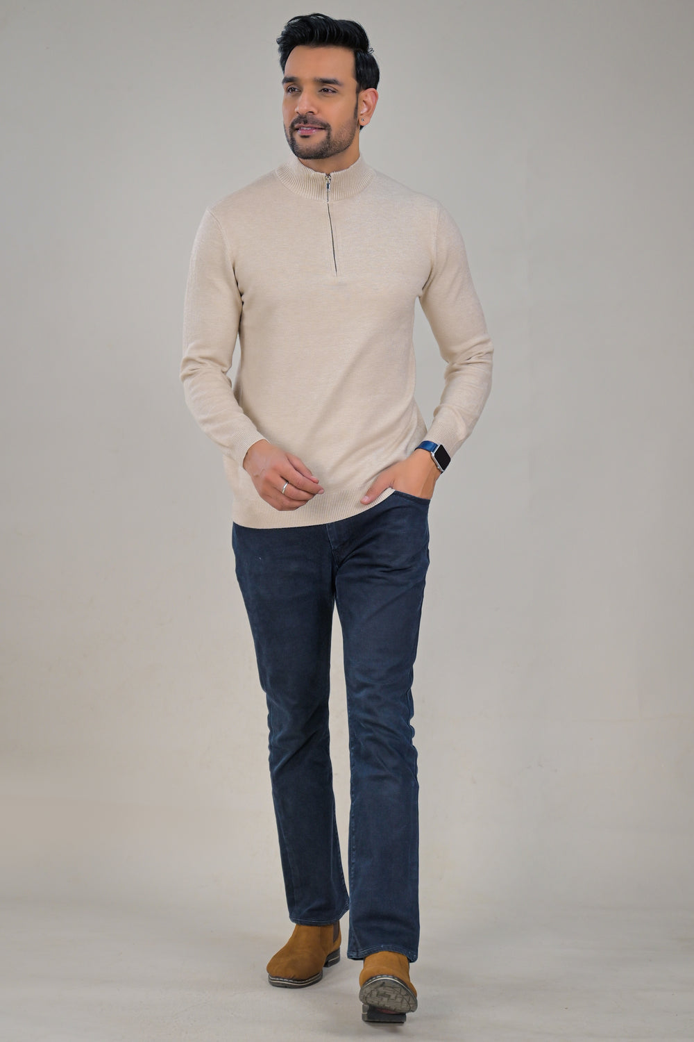 Soul Armor Solid High Neck Half Zip Woolen Sweater