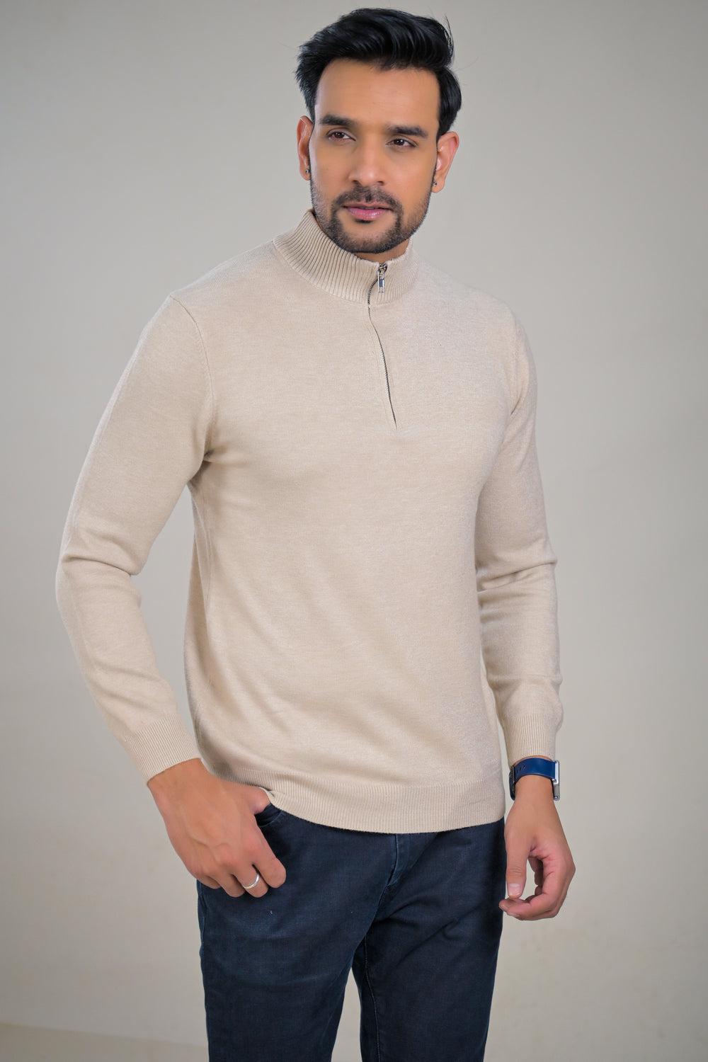Soul Armor Solid High Neck Half Zip Woolen Sweater
