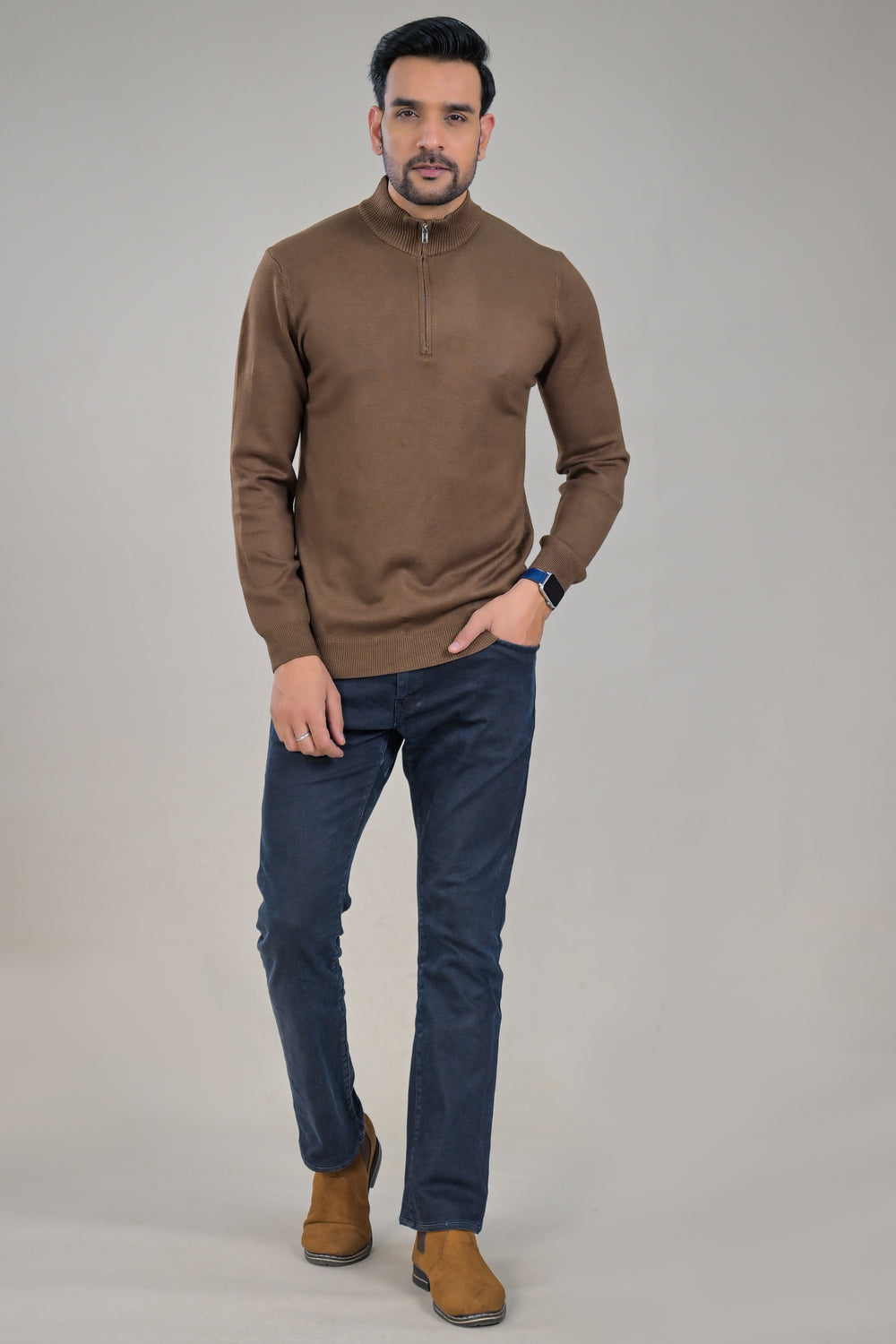 Soul Armor Solid High Neck Half Zip Woolen Sweater
