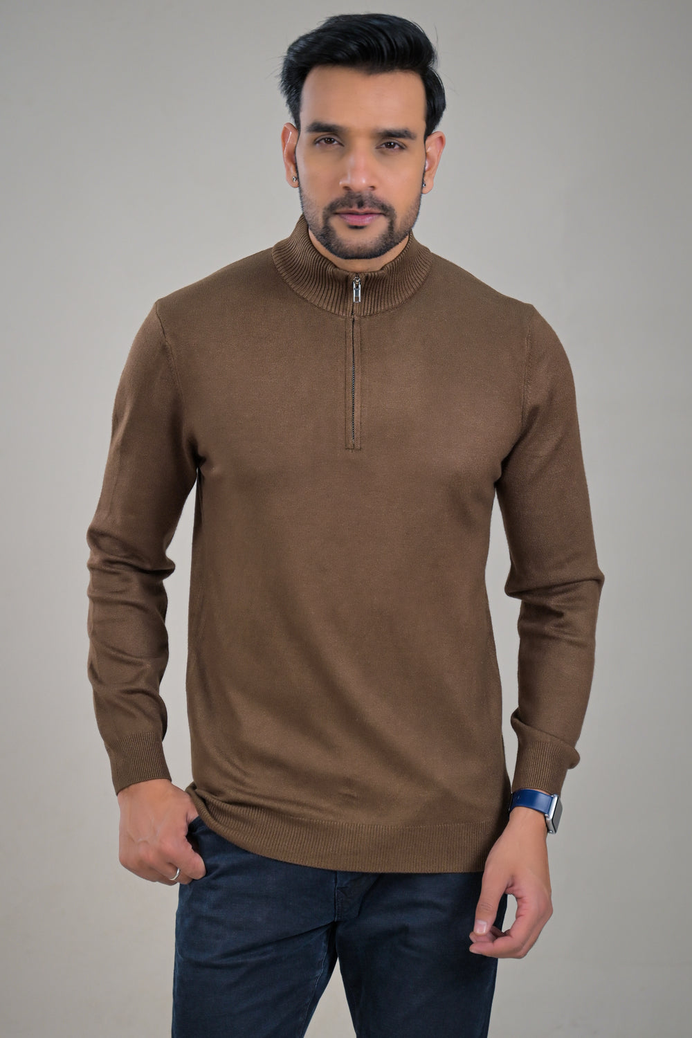 Soul Armor Solid High Neck Half Zip Woolen Sweater