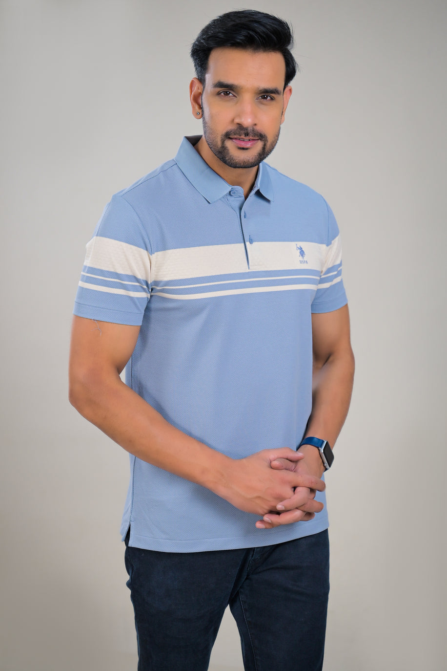 US Polo Mens Textured Knit Polo with Contrast Chest Stripe t-shirt