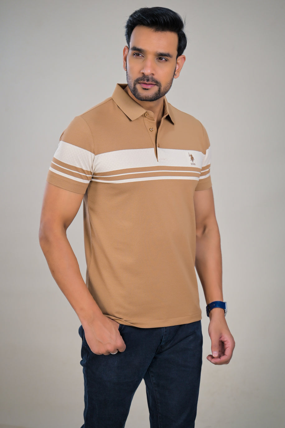 US Polo Mens Textured Knit Polo with Contrast Chest Stripe t-shirt