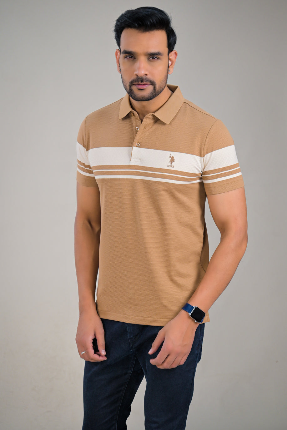 US Polo Mens Textured Knit Polo with Contrast Chest Stripe t-shirt