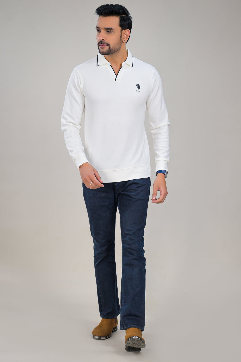 US Polo Mens Textured Long Sleeve Polo with Contrast Collar t-shirt