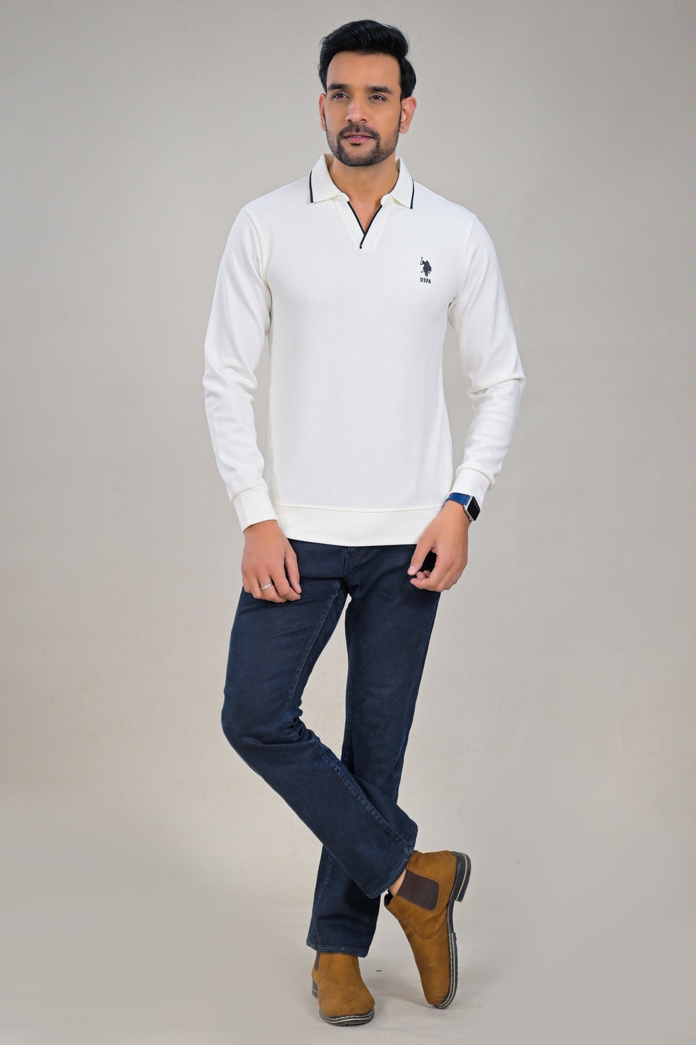 US Polo Mens Textured Long Sleeve Polo with Contrast Collar t-shirt