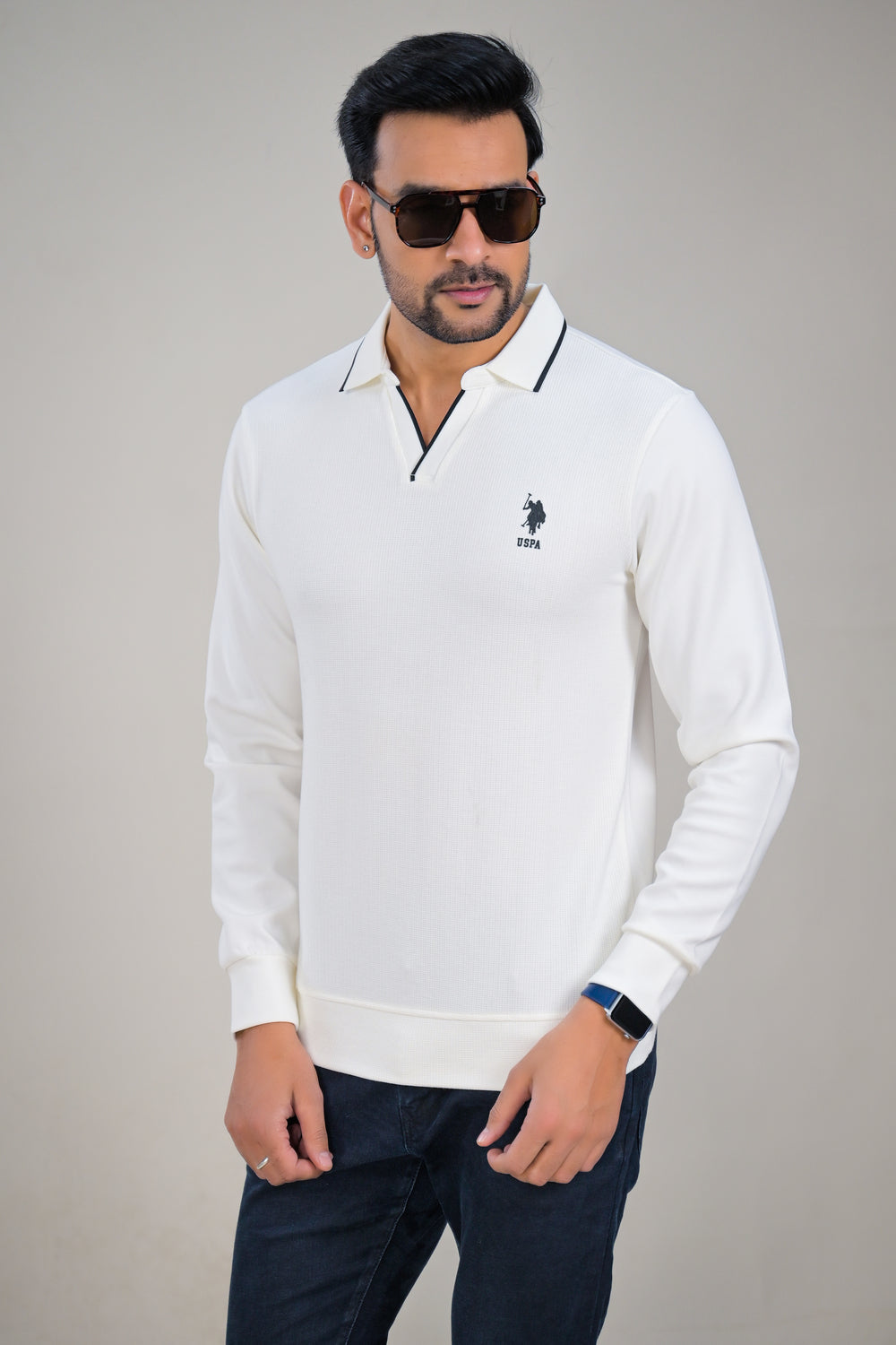 US Polo Mens Textured Long Sleeve Polo with Contrast Collar t-shirt
