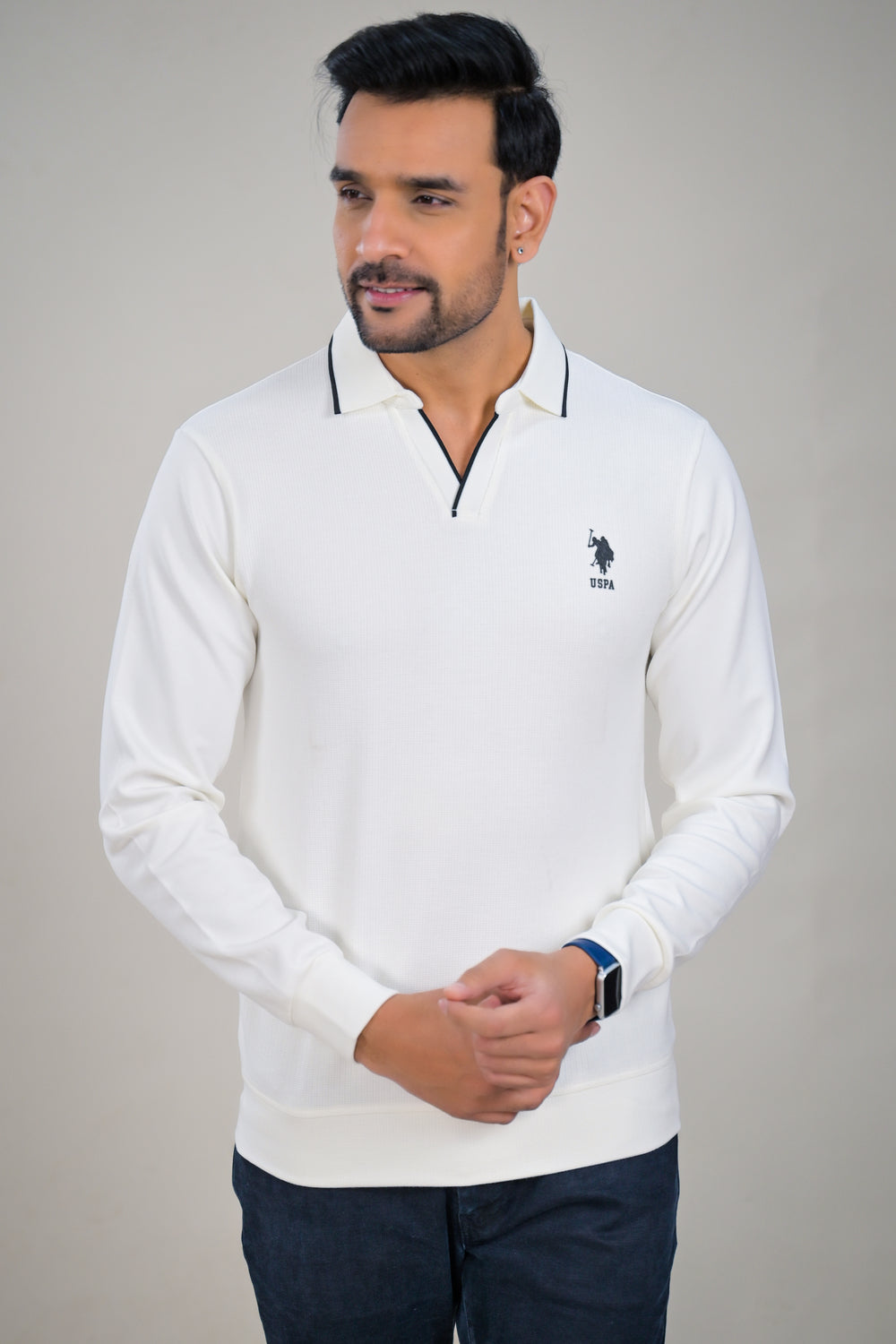 US Polo Mens Textured Long Sleeve Polo with Contrast Collar t-shirt