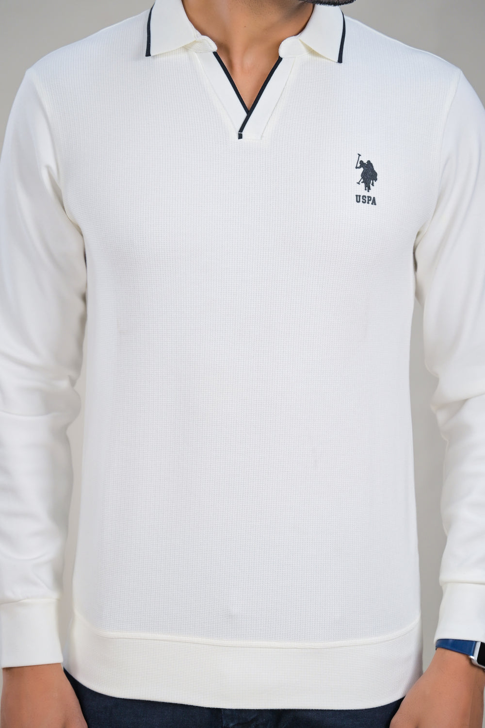 US Polo Mens Textured Long Sleeve Polo with Contrast Collar t-shirt