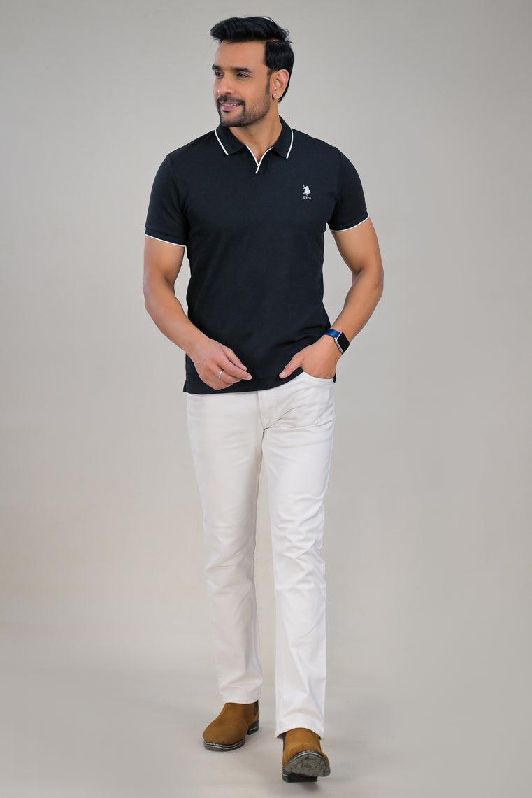 US Polo Mens Textured Knit Polo T-Shirt with Contrast Tipping