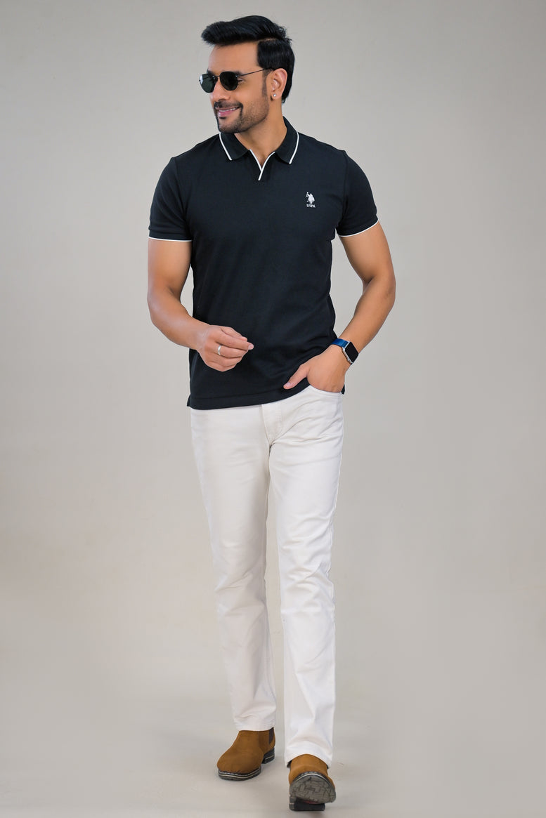 US Polo Mens Textured Knit Polo T-Shirt with Contrast Tipping