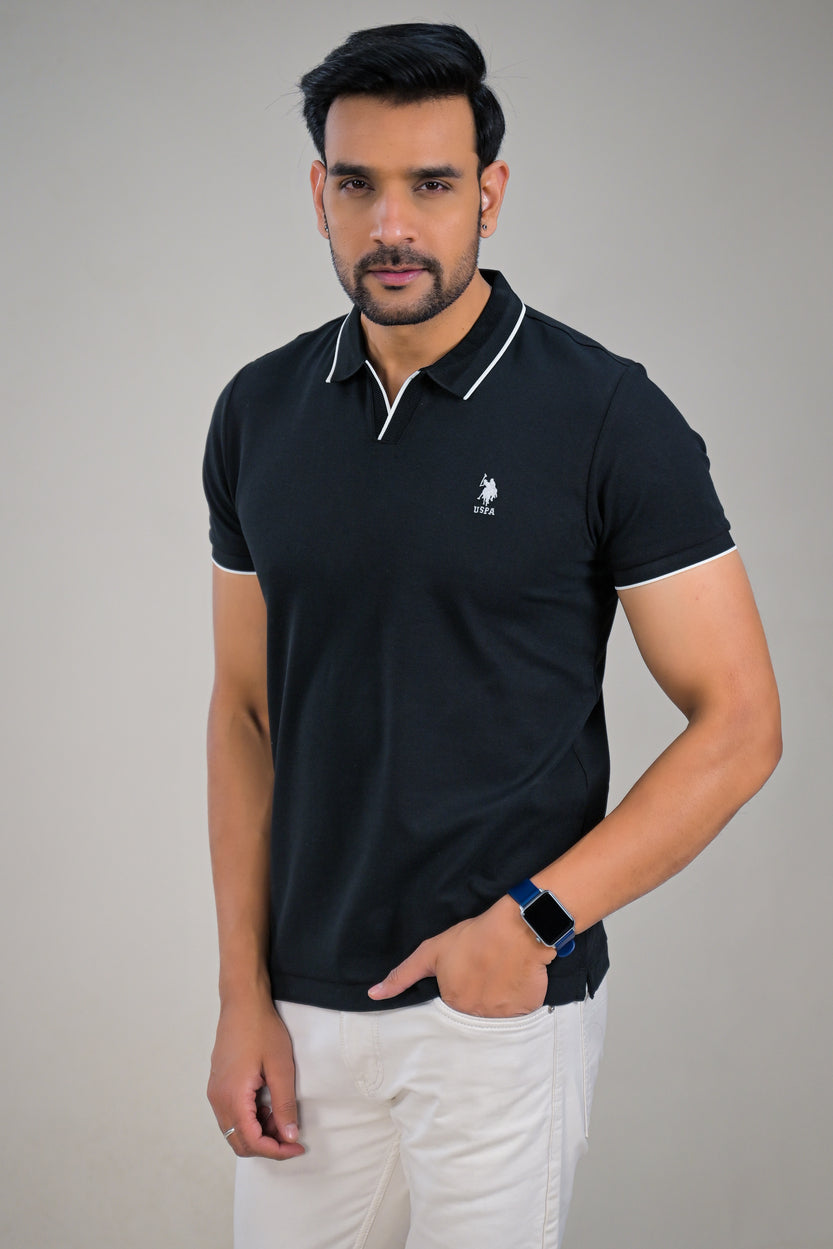 US Polo Mens Textured Knit Polo T-Shirt with Contrast Tipping