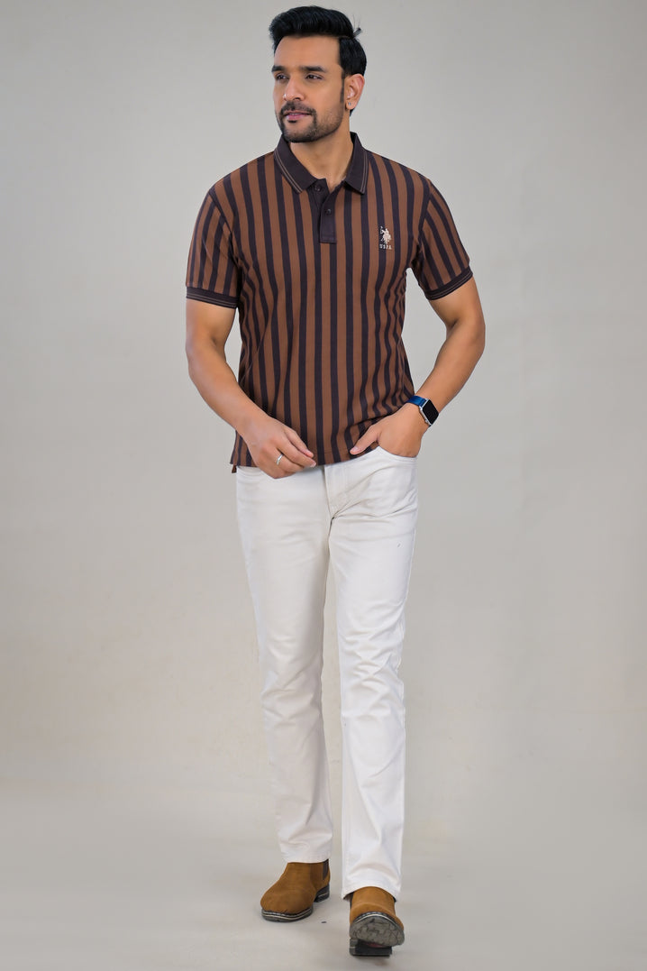 US Polo Mens Vertical Stripe Collared Half Sleeve Polo T-Shirt