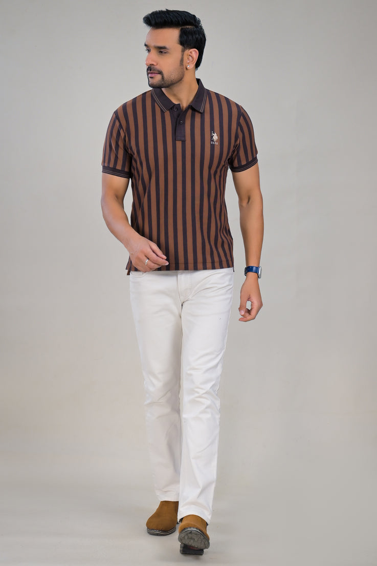 US Polo Mens Vertical Stripe Collared Half Sleeve Polo T-Shirt