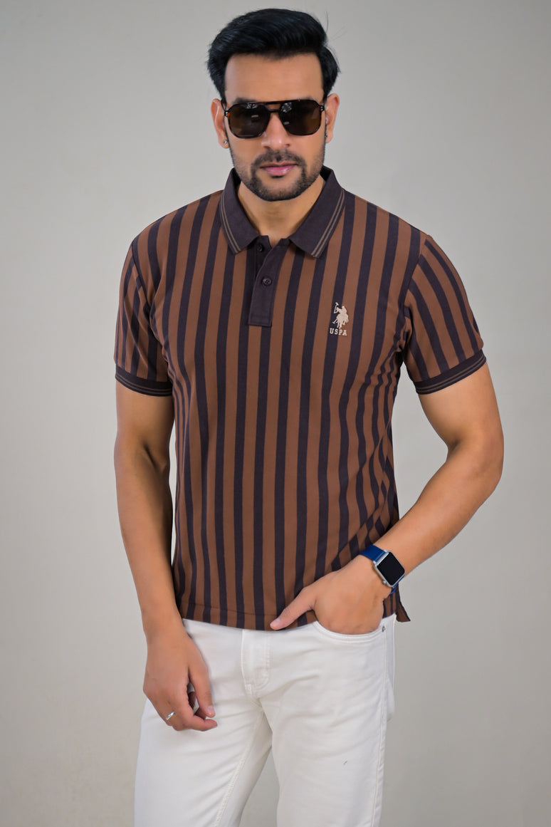US Polo Mens Vertical Stripe Collared Half Sleeve Polo T-Shirt