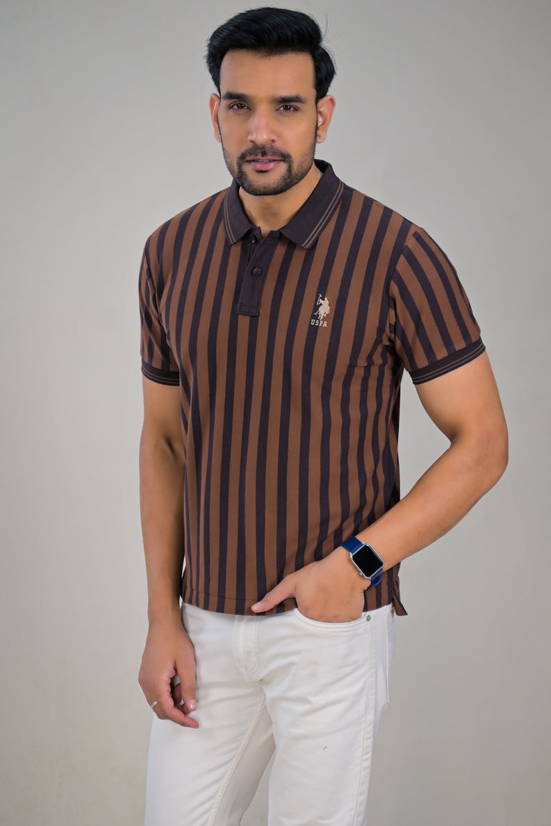 US Polo Mens Vertical Stripe Collared Half Sleeve Polo T-Shirt