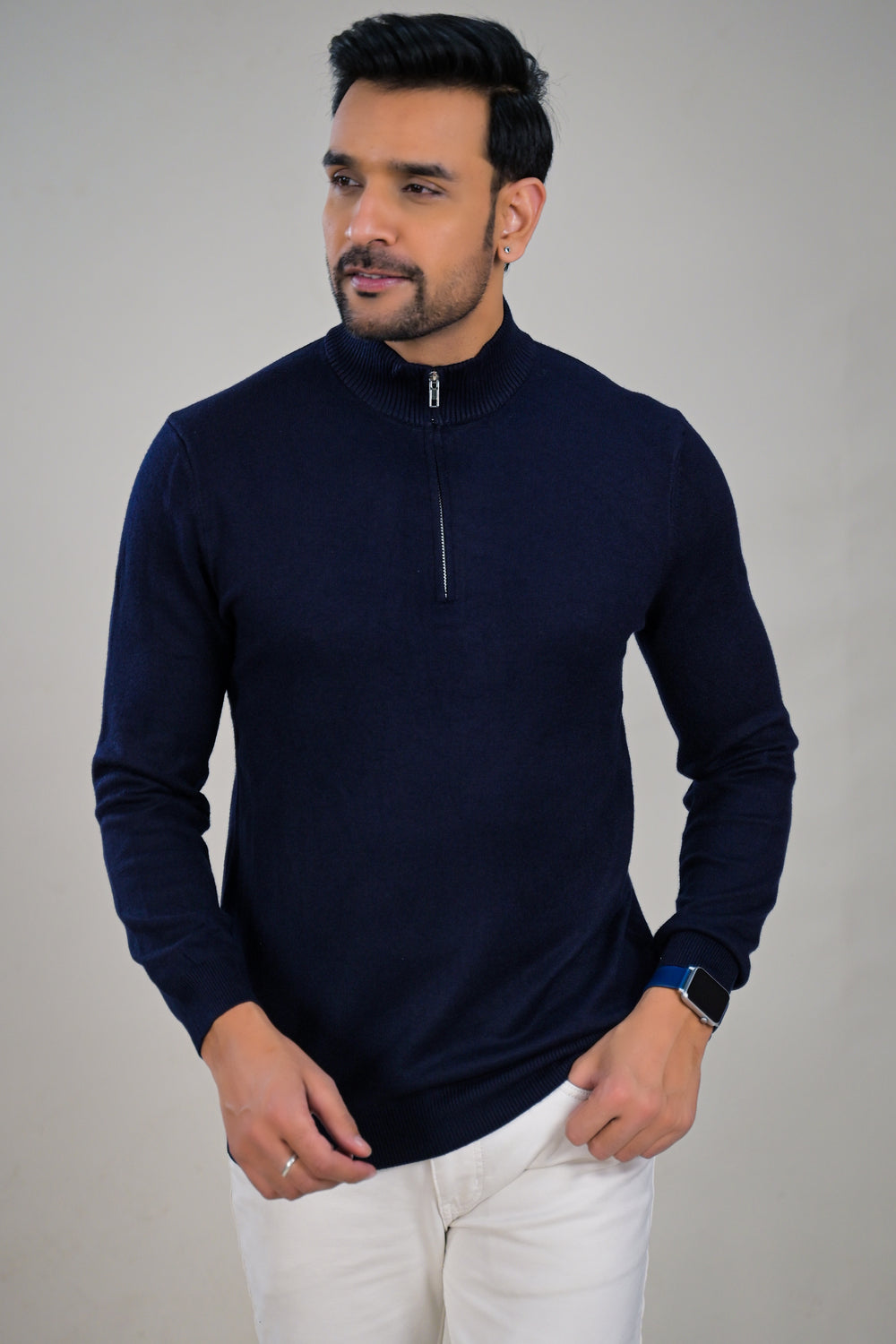 Soul Armor Solid High Neck Half Zip Woolen Sweater
