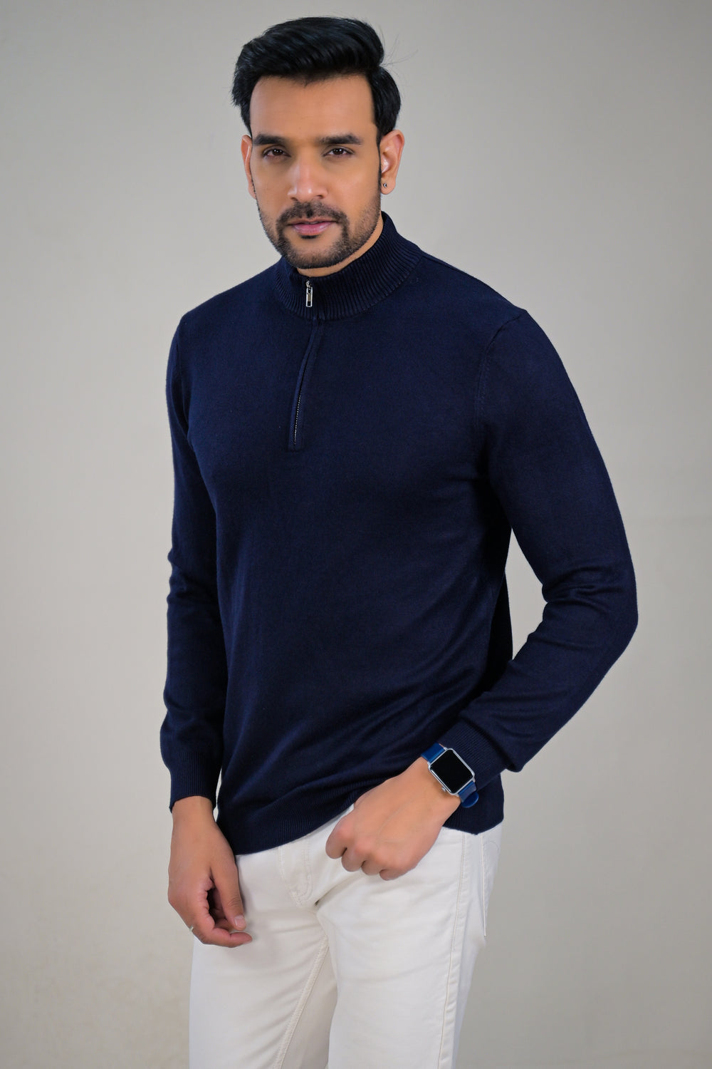 Soul Armor Solid High Neck Half Zip Woolen Sweater