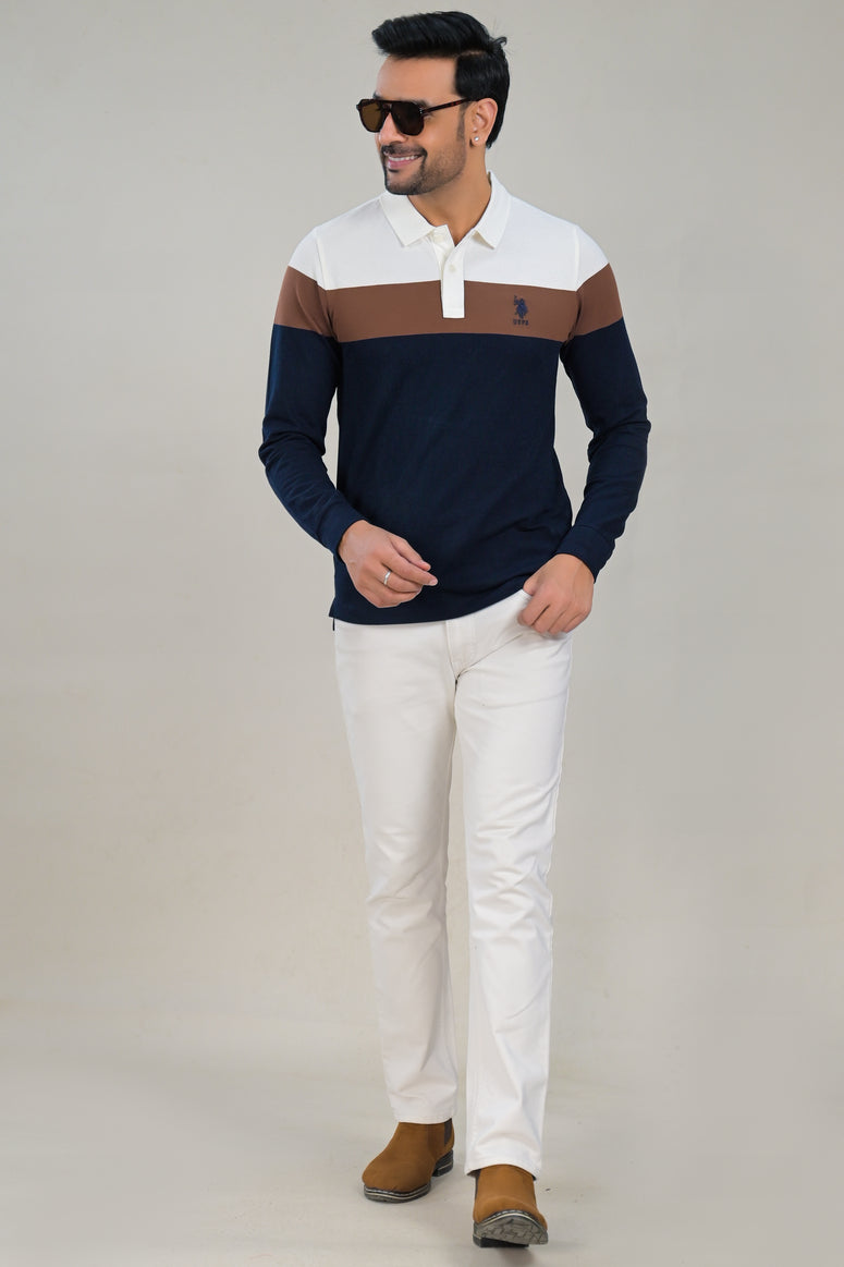 US Polo Mens Color Block Long Sleeve Polo t-shirt