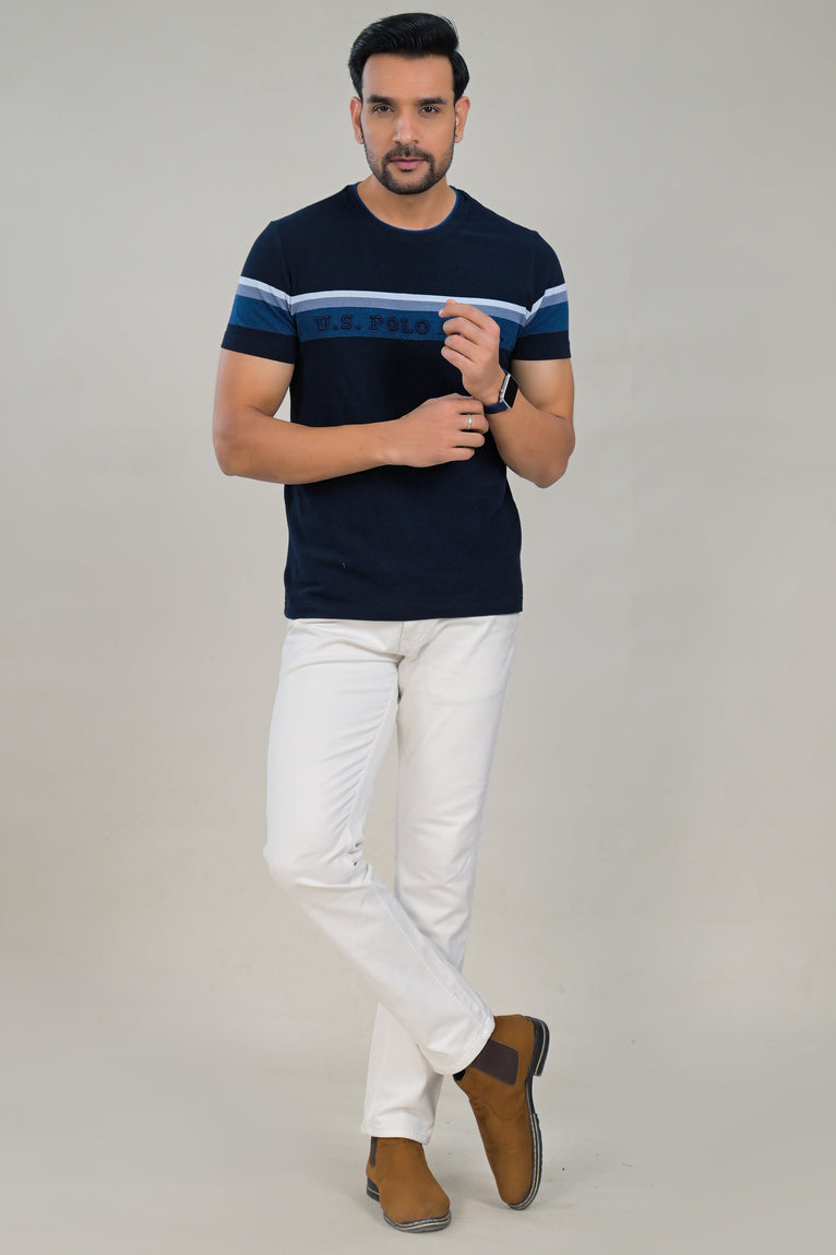 US Polo Mens Textured round Neck Contrast Chest Stripe t-shirt
