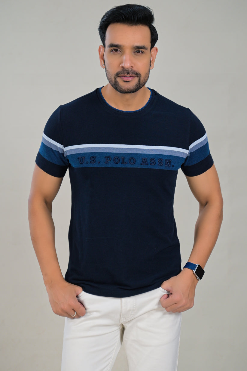 US Polo Mens Textured round Neck Contrast Chest Stripe t-shirt