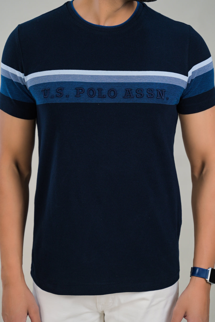 US Polo Mens Textured round Neck Contrast Chest Stripe t-shirt