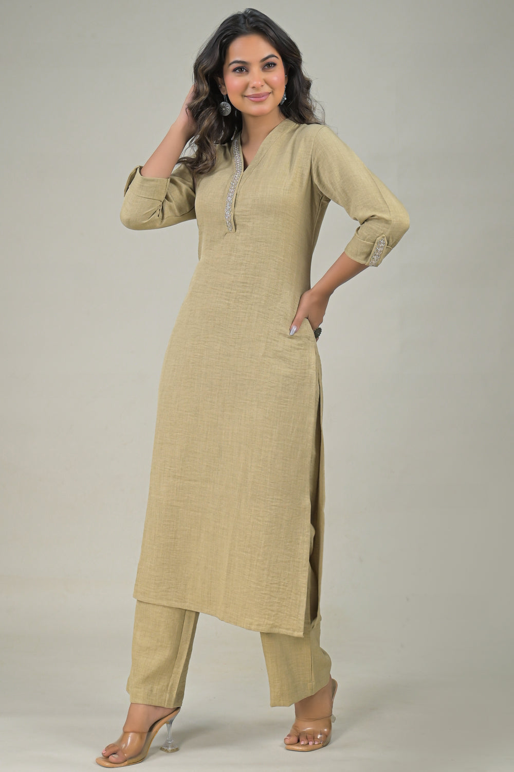 Soul Armor Classic Straight Kurta Pant Set with Embroidered Neck