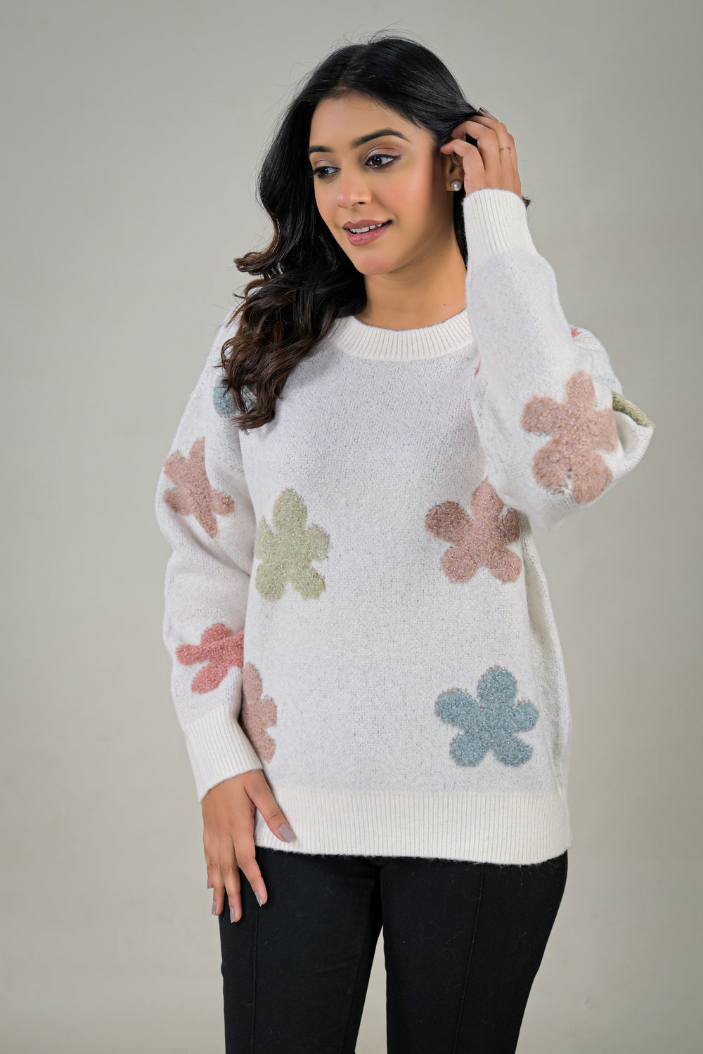Soul Armor Floral Pattern Knit Full Sleeve Winter Ladies Sweater