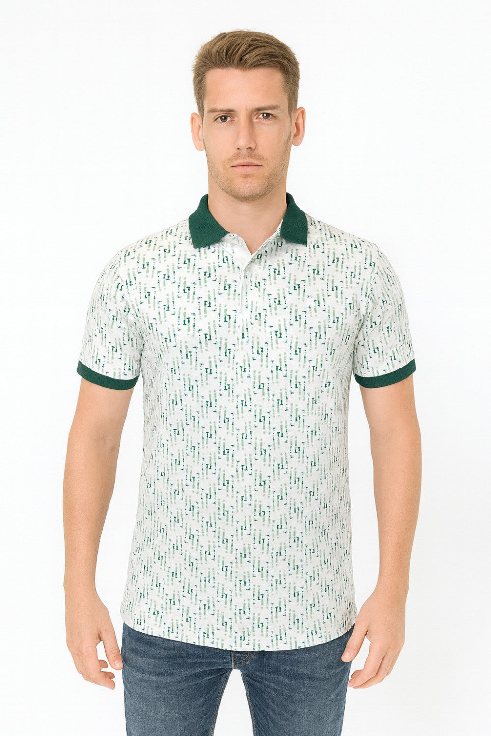 Parx White & Green  Printed  Half Sleeve Polo T-shirt