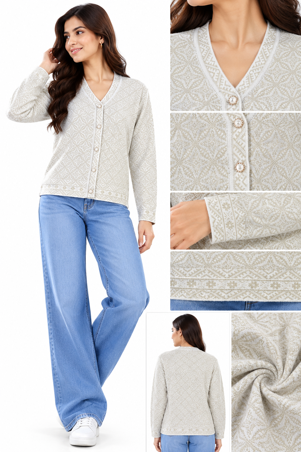 SOUL ARMOR Women's Cream Diamond Lace V-Neck Button Cardigan | Soft Knit Full Sleeve Winter Cardigan | Elegant Casual Wear