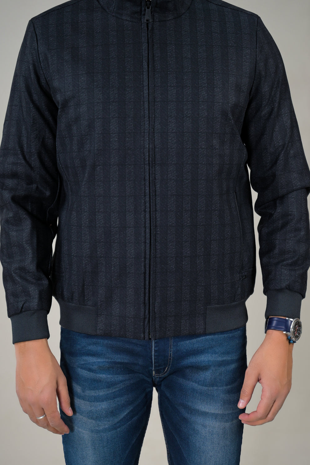 Park- Avenue Men's Textured Weave Bomber Jacket Stand Collar Zip-Up Jacket