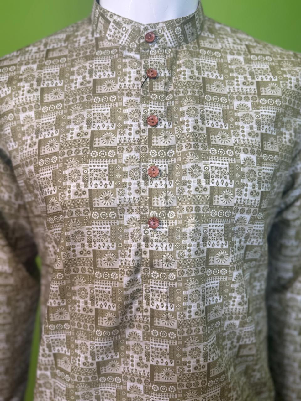 Soul Armor Mens Mehandi All-Over Printed Straight Fit Full Sleeve Ethnic Kurta Set